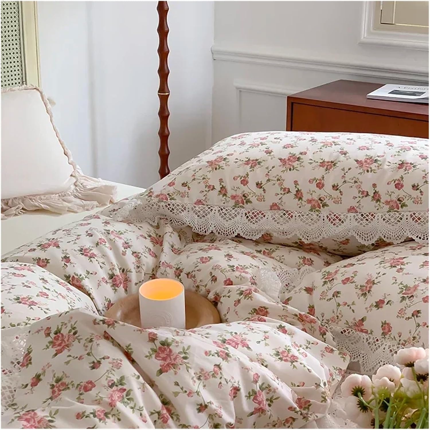 Cotton V-intage French Floral Pattern Princess 4Pcs Bedding Set Ruffles Bed Skirt Quilt/Duvet Cover Set Bed Linen Pillowcase,Bed, Queen, MM-102
