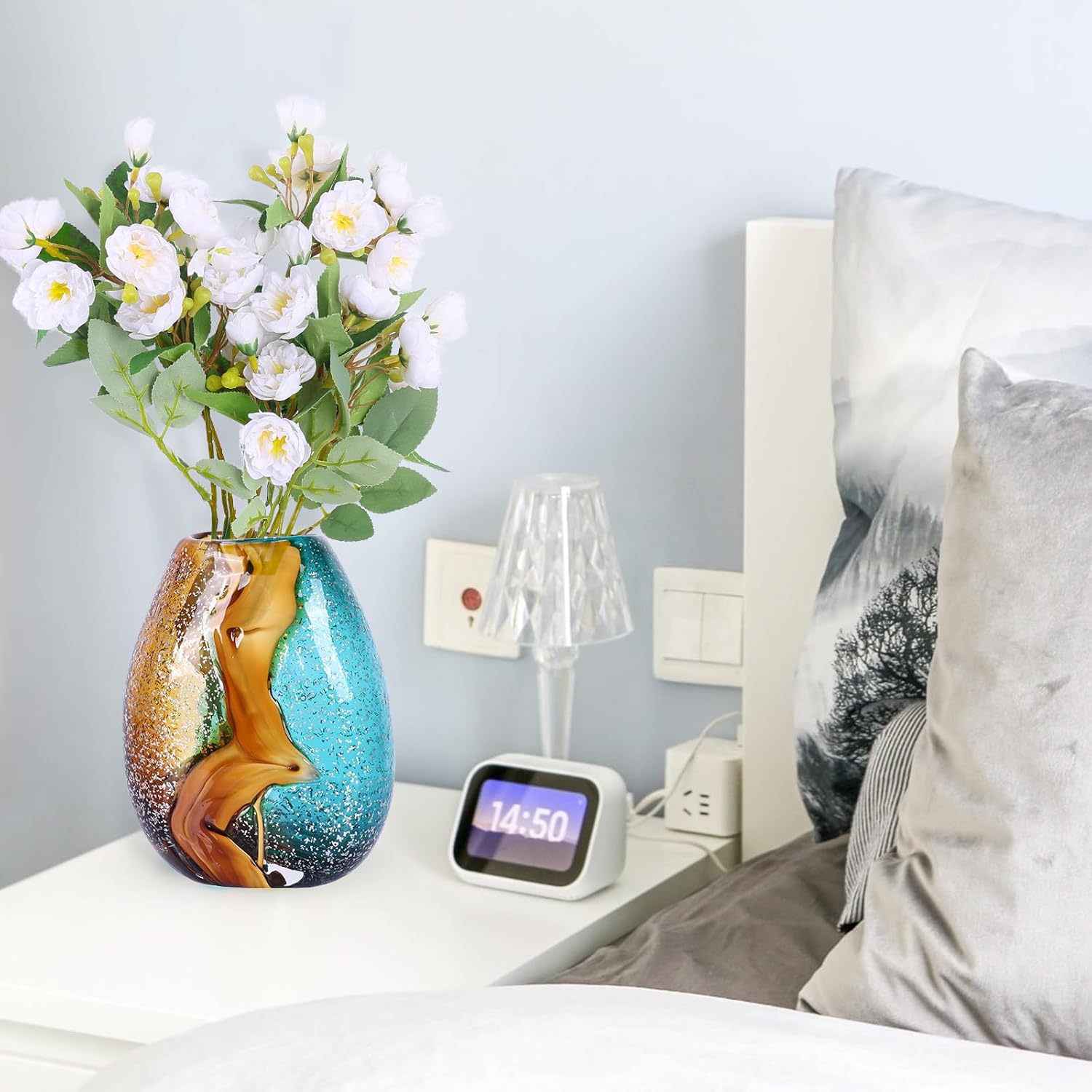 Pretty Hand Blown Glass Vase, Colored Glass Flower Vases Home Decor, Amber and Teal Decorative Murano vase for Living Room Office Bedroom Coastal Table Centerpieces Gift - Image 5