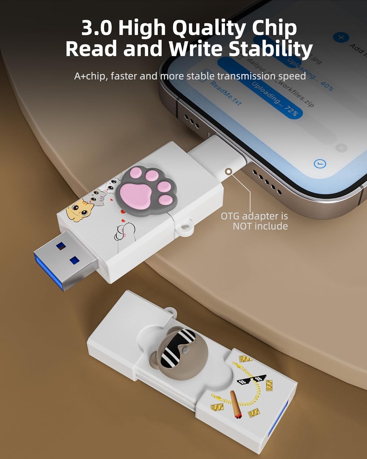 Custom Personalized USB Type C Flash Drive 64GB/128GB/256GB, USB 3.0 2 in 1 OTG Dual Flash Drive, Cute Animal Style Retractable Thumb Drive, Waterproof & Small Size Memory Stick