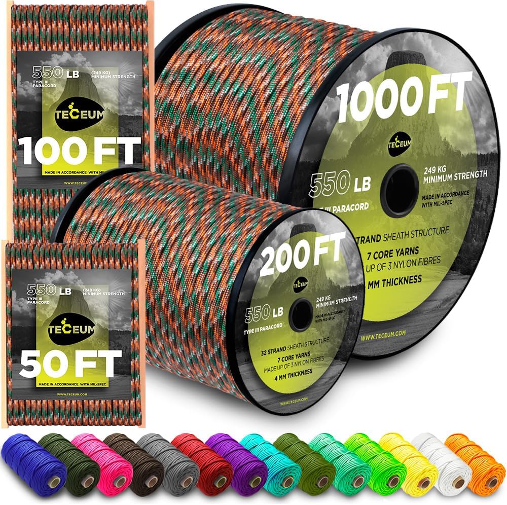 TECEUM Reflective Paracord Rope 1000 โ 1000ft/200ft/100ft/50ft โ 40+ Colors โ Glow in The Dark โ para Cord โ Utility Rope for Survival, Hunting & Camping Gear โ Nylon String, Camping Rope, Tent Cord