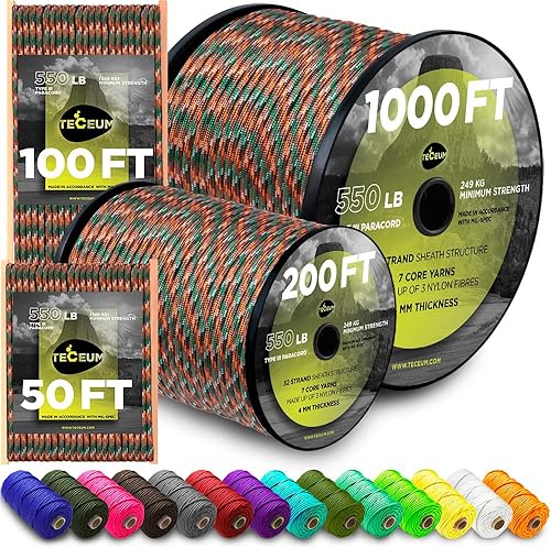 TECEUM 532" Paracord Rope 1000  1000ft  200ft  100ft  50ft  Tactical Parachute Cord 4mm  45+ Colors  Nylon String for Survival & Camping Gear