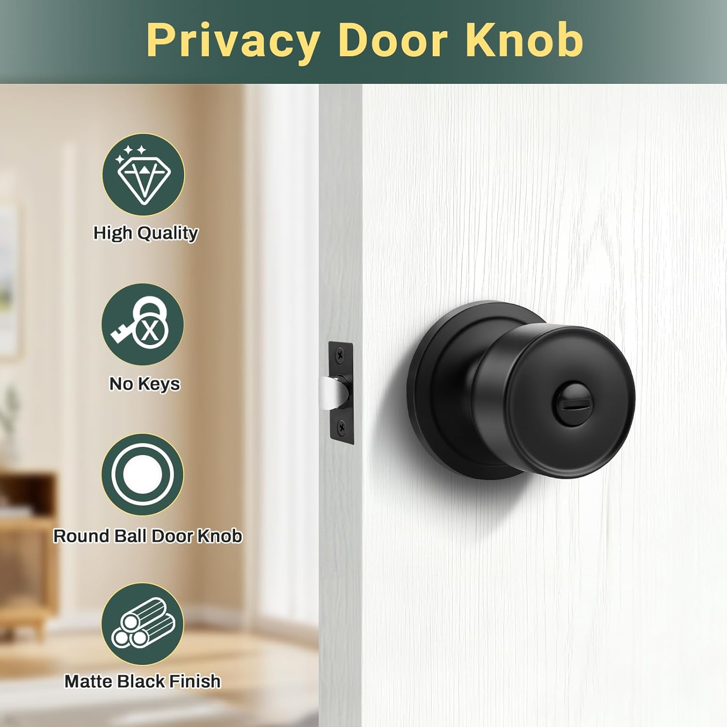 Tulip Privacy Door Knob with Lock, Modern Cylindrical Keyless Door Knob for Bedroom and Bathroom, Quiet & Easy Install for Standard Doors, Matte Black, 4 Pack