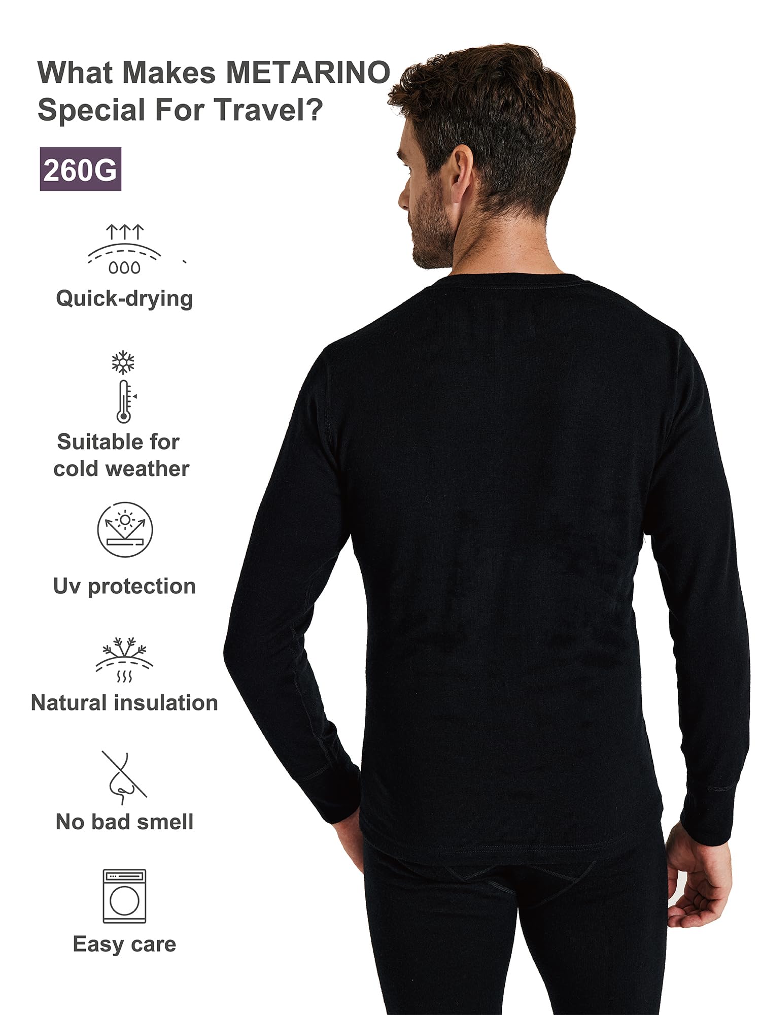 METARINO - Camiseta térmica de manga larga para hombre, 100 % lana merino, para senderismo, viajes, esquí