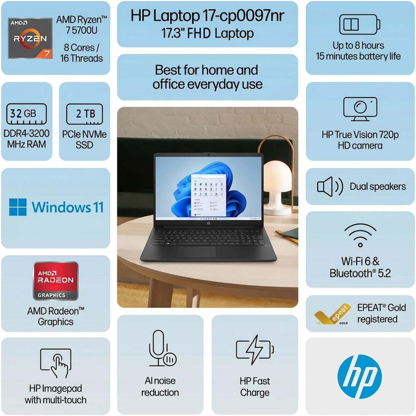 HP 17.3" FHD Laptop for Business & Student | AMD Ryzen 7 5700U(Beats i7-1135U) | 32 GB RAM | 2 TB SSD | AMD Radeon Graphics | Fast Wi-Fi 6 & Bluetooth | Fast Charge | Windows 11