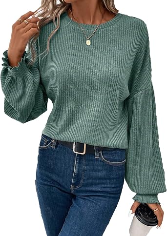 Nuofengkudu Womens Crew Neck Long Bell Sleeve Solid Color Winter Sweatshirt Casual Top Fall Outfits