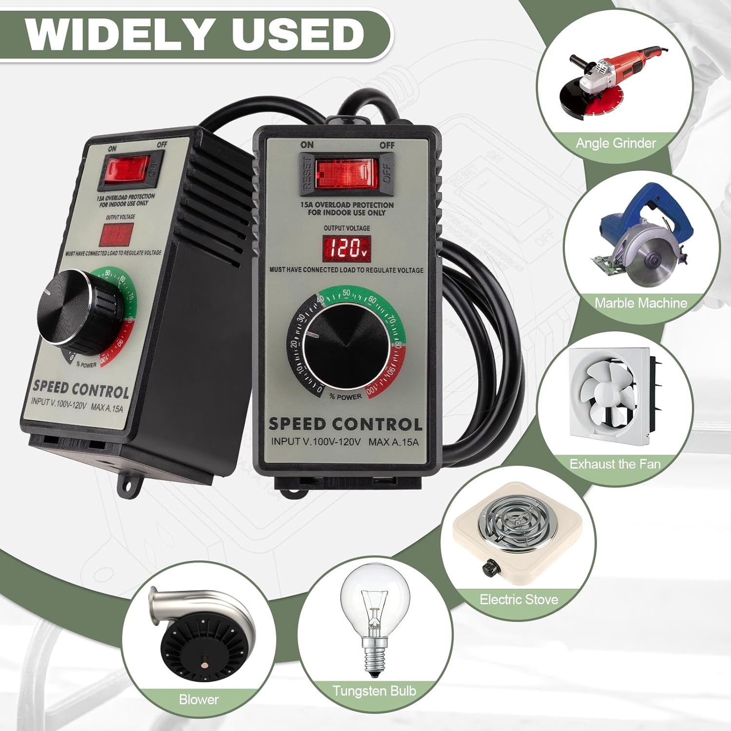 AC Motor Speed Controller 100V-120V 15A Variable Speed Regulator for Router, Drill, Fan, and Polishing Machine - Electronic Voltage Regulator with Overload Protection and LED Display