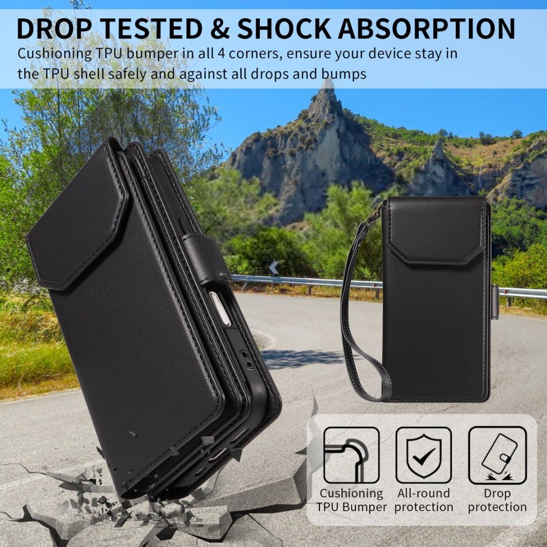 Asuwish Phone Case for Samsung Galaxy A16 5G/4G Cell Wallet Cover with Tempered Glass Screen Protector Flip Credit Card Holder Slot Stand A 16 16A SM-A166U Women Men Folio Purse Lanyard Wrist Black