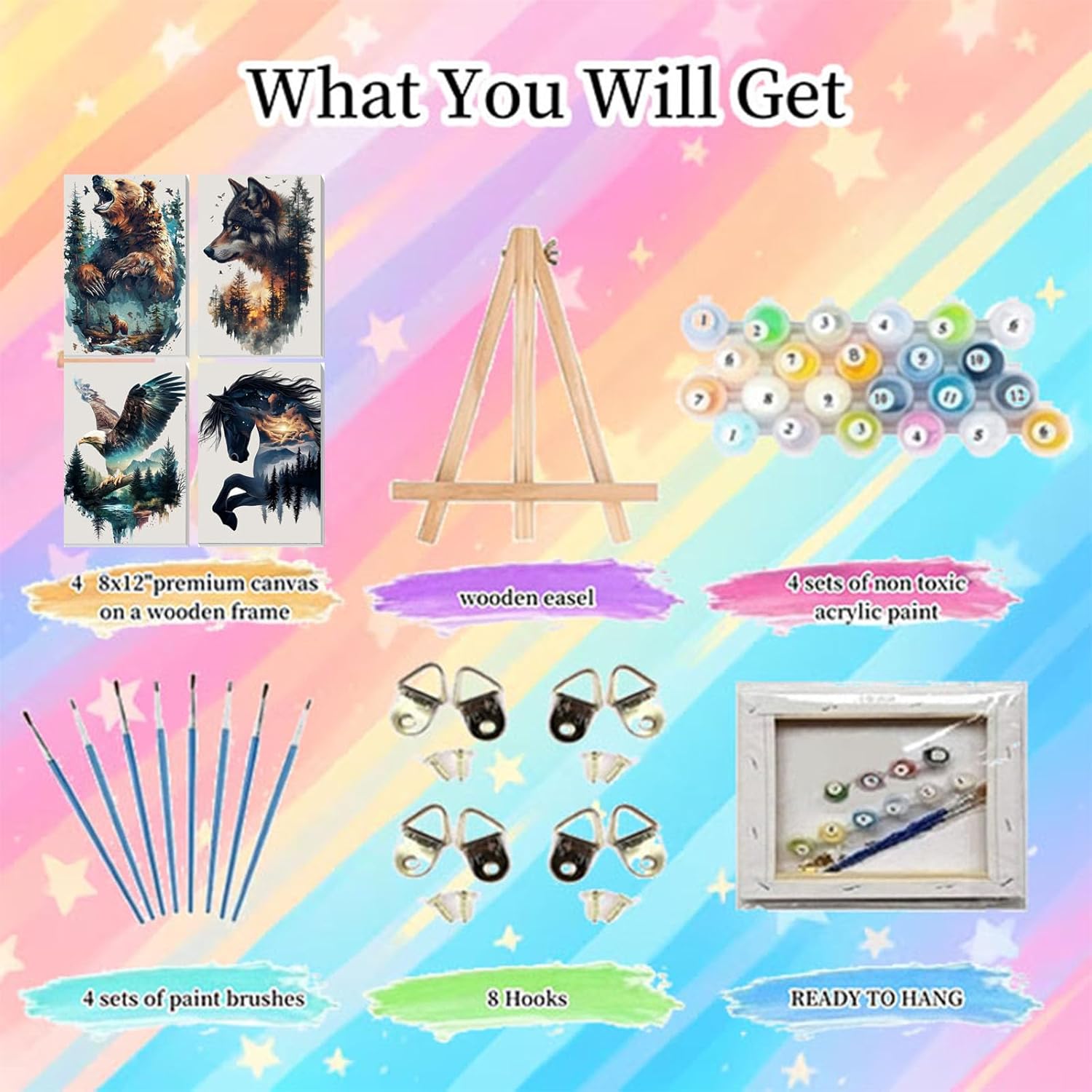 4 Pack framed Paint by Numbers Kit for Adults Beginners-Animals Adult Paint by Number Kits on Canvas framed, Forest Animals Acrylic Oil Painting Kits for Adults for Gift Home Decor(8x12inch)