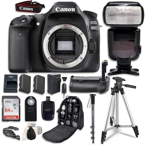 Canon EOS 80D Digital SLR Camera Bundle (Body Only) with Professional Accessory Bundle (15 Items) (Renewed)