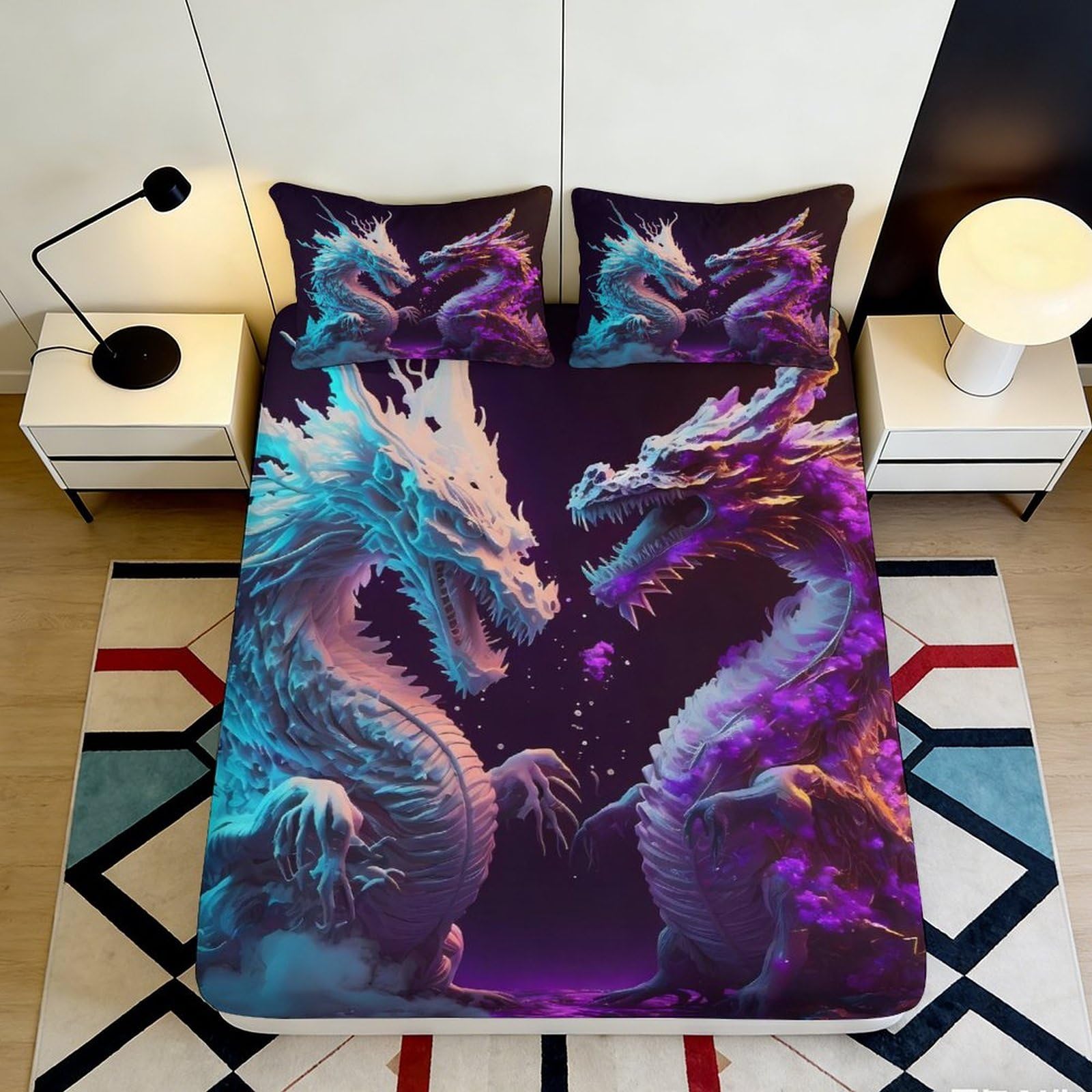 Decorative dragon design Fitted Sheet 3D Printed soft touch Microfiber bedroom apartment bedding wrinkle resistant easy care 90x200x25cm