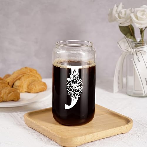 Miniatura 7 de Coolife Initial Glass Cup, Monogrammed Gifts for Women, 16 oz Glass Cups w/Lids Straws, Iced Coffee Smoothie Beer Tumbler w/Straw Lid, Personalized