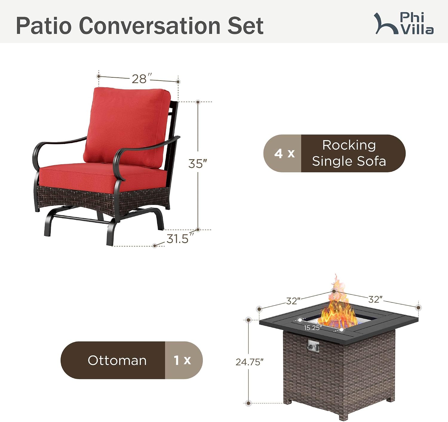 Patio Furniture Set with 32" Fire Pit Table, Patio Conversation Sets 4 Rocking Chairs with Thick Cushion and 50000 BTU Fire Pit Table (5 Pieces,Red