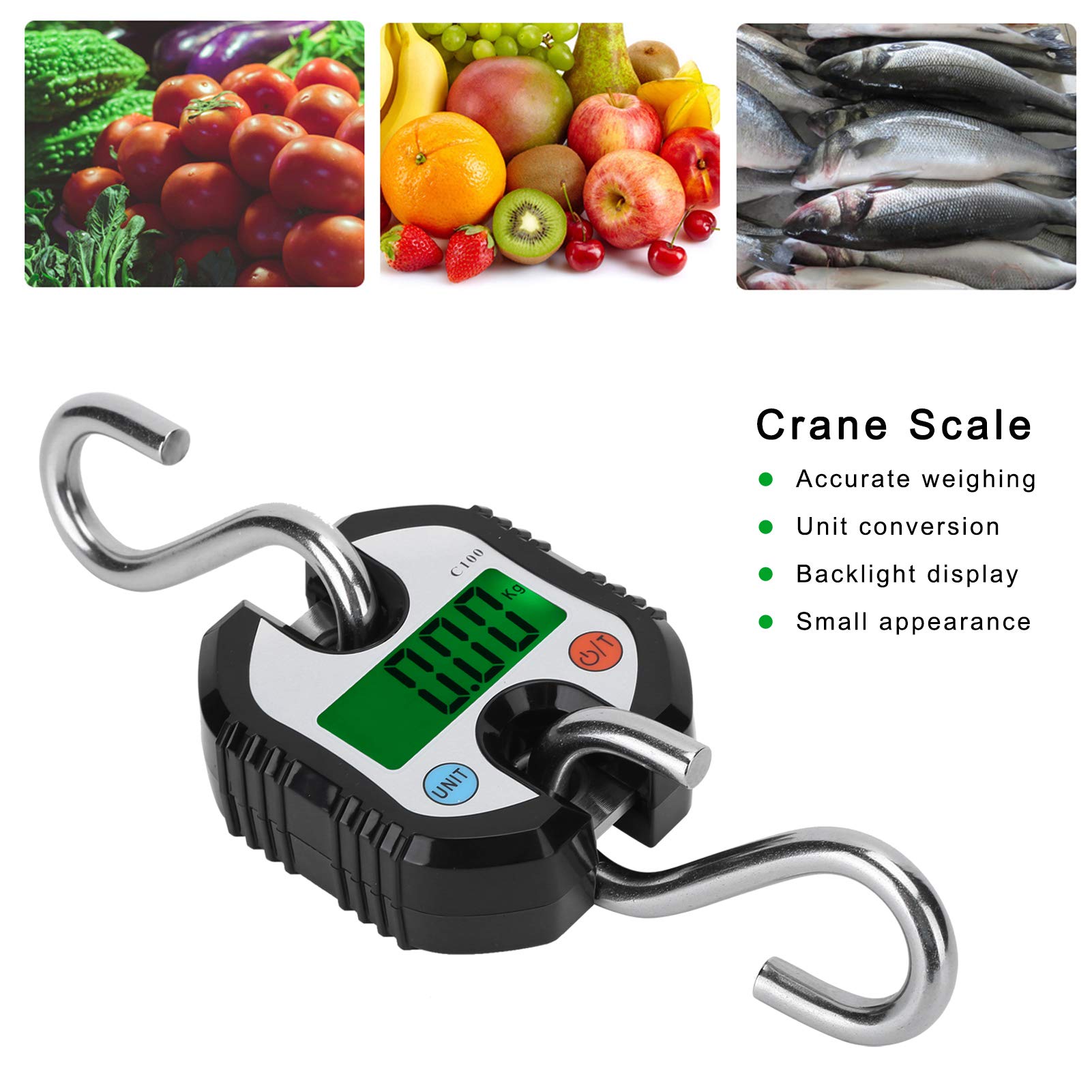 Báscula de grúa digital de 150 kg, peso de gancho colgante electrónico LCD, báscula industrial resistente para equipaje, pesca, acero inoxidable, ABS, negro, 230 mm
