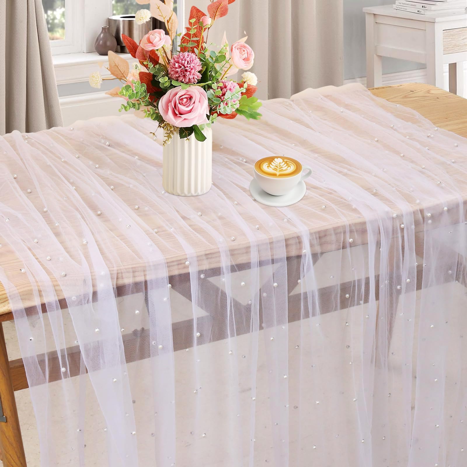 Pearl White Table Runner, 80x400cm Gauze Table Runners with Elegant Lace Design, Wedding Table Decoration, Party Table Decorations for Bridal Showers, Birthday Parties And Anniversary Celebrations