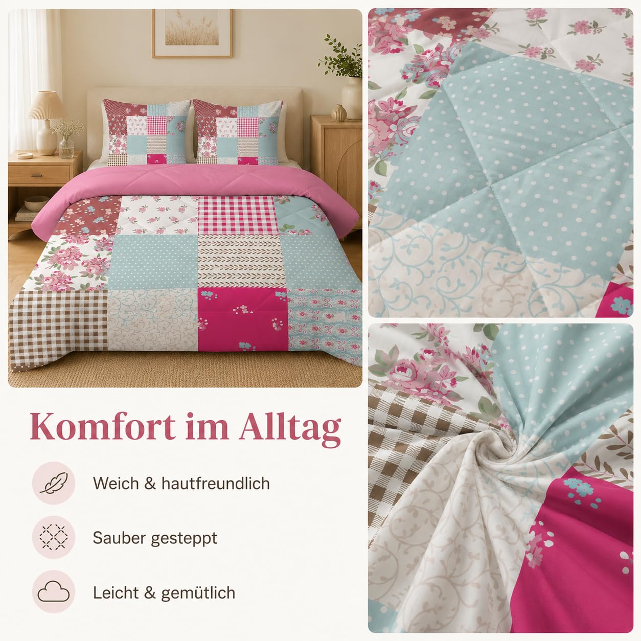 Blumen-Patchwork Bettdecke 135x200 4 Jahreszeiten, Wende Steppdecke 135x200, Warme Ganzjahresdecke Modernes Patchwork Bettdecke ohne Bezug Waschbar Schlafdecke mit 2 Kissenbezug 80x80cm