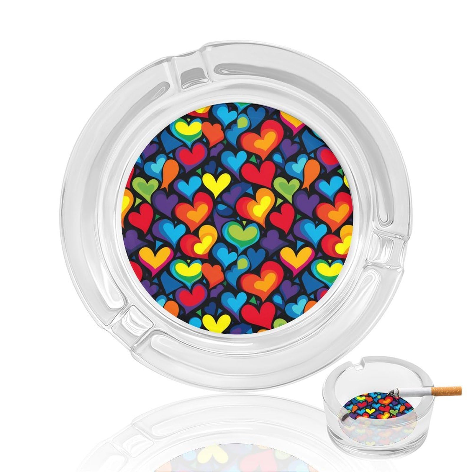 Heart LGBT Rainbow Ashtray Portable Round Glass Outdoor Ash Tray for Home Office Garden Pub