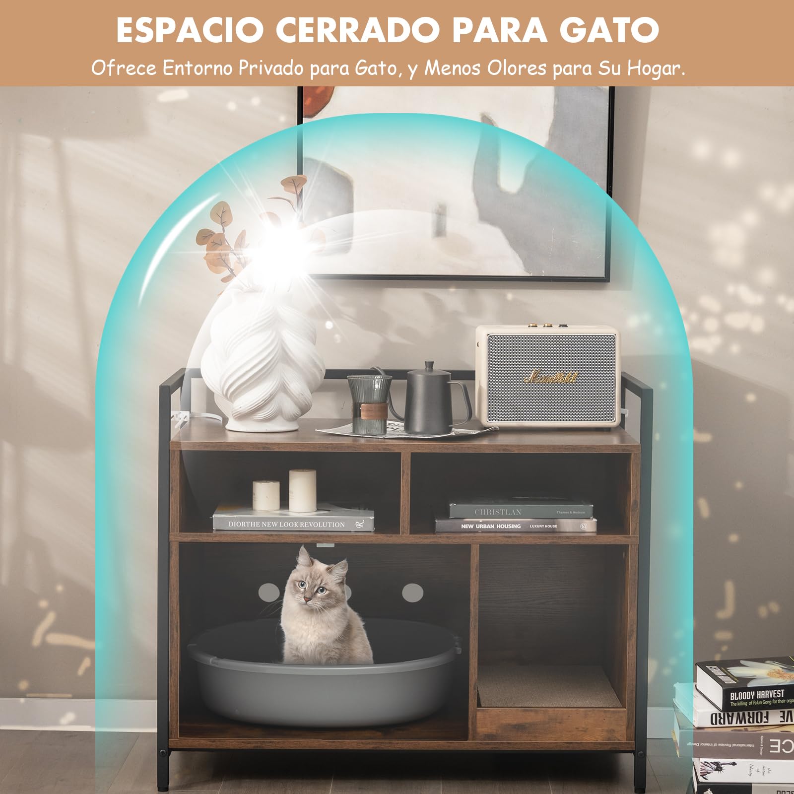 GOPLUS Mueble Arenero para Gatos con Estructura de Metal, Aseo Cerrado con Estantes, Casa de Mascotas Interior, Lavabo Oculto, Marrón, 89 x 45 x 74,5 cm
