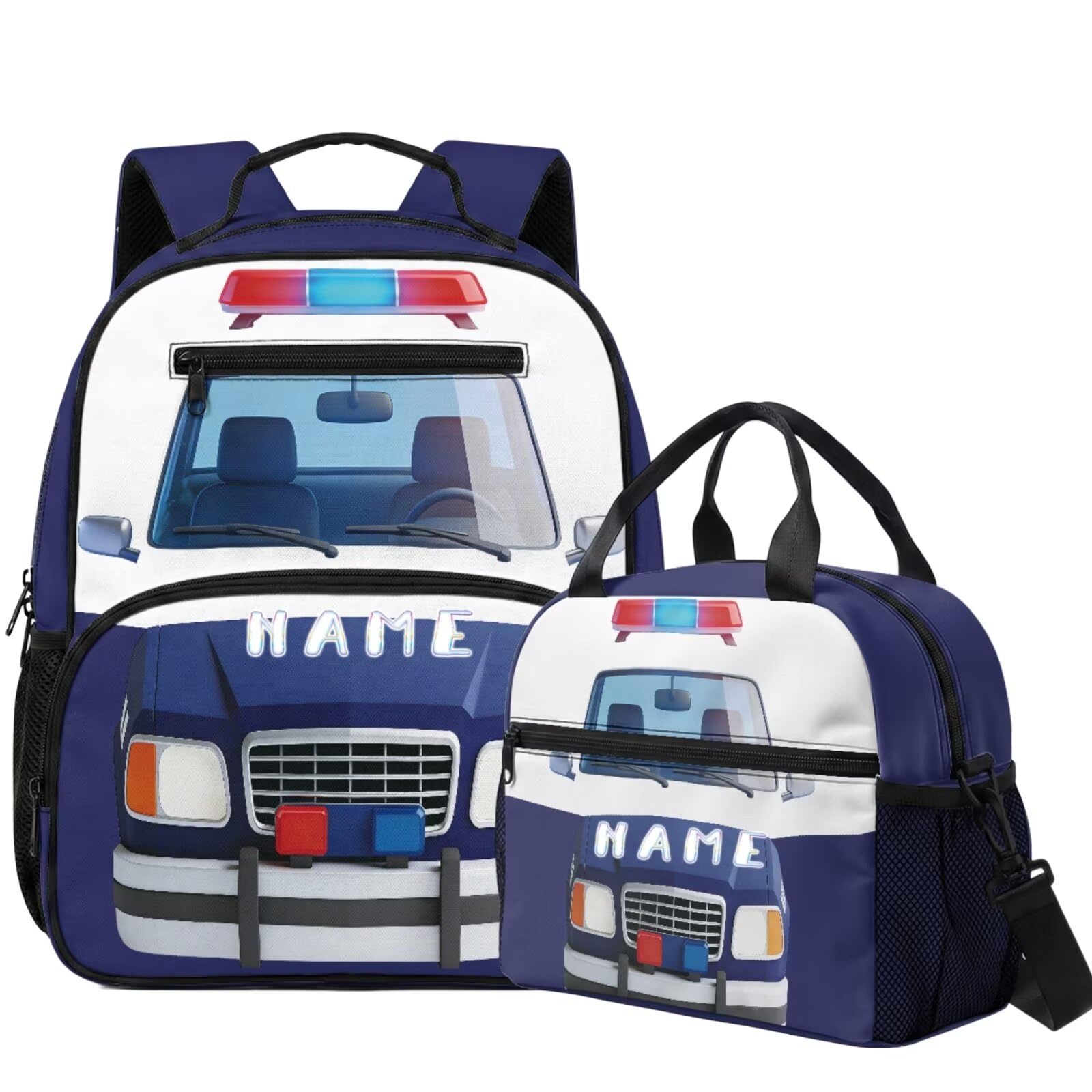 COEQINE Ensemble sac à dos et boîte à déjeuner pour enfants Sac à dos personnalisé sur le thème de la voiture pour tout-petits garçons de 4 à 10 ans, cartable maternelle, Voiture de police bleu blanc