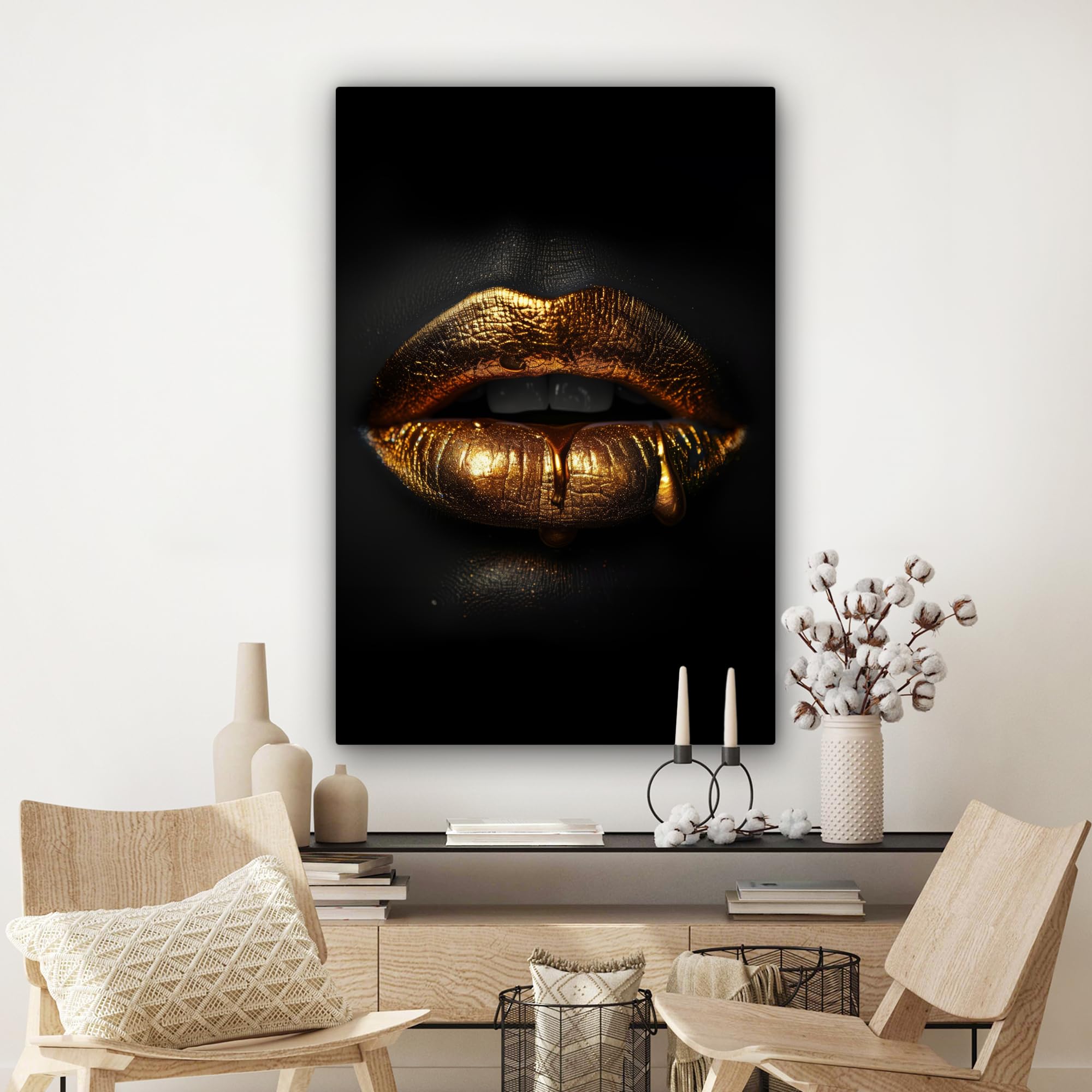 MuchoWow© Stampa di Foto su Tela Quadro Soggiorno Moderno Quadri per | 80x120 cm - Salotto Decorazioni Camera Donna - Ritratto - Labbra - Oro - Nero