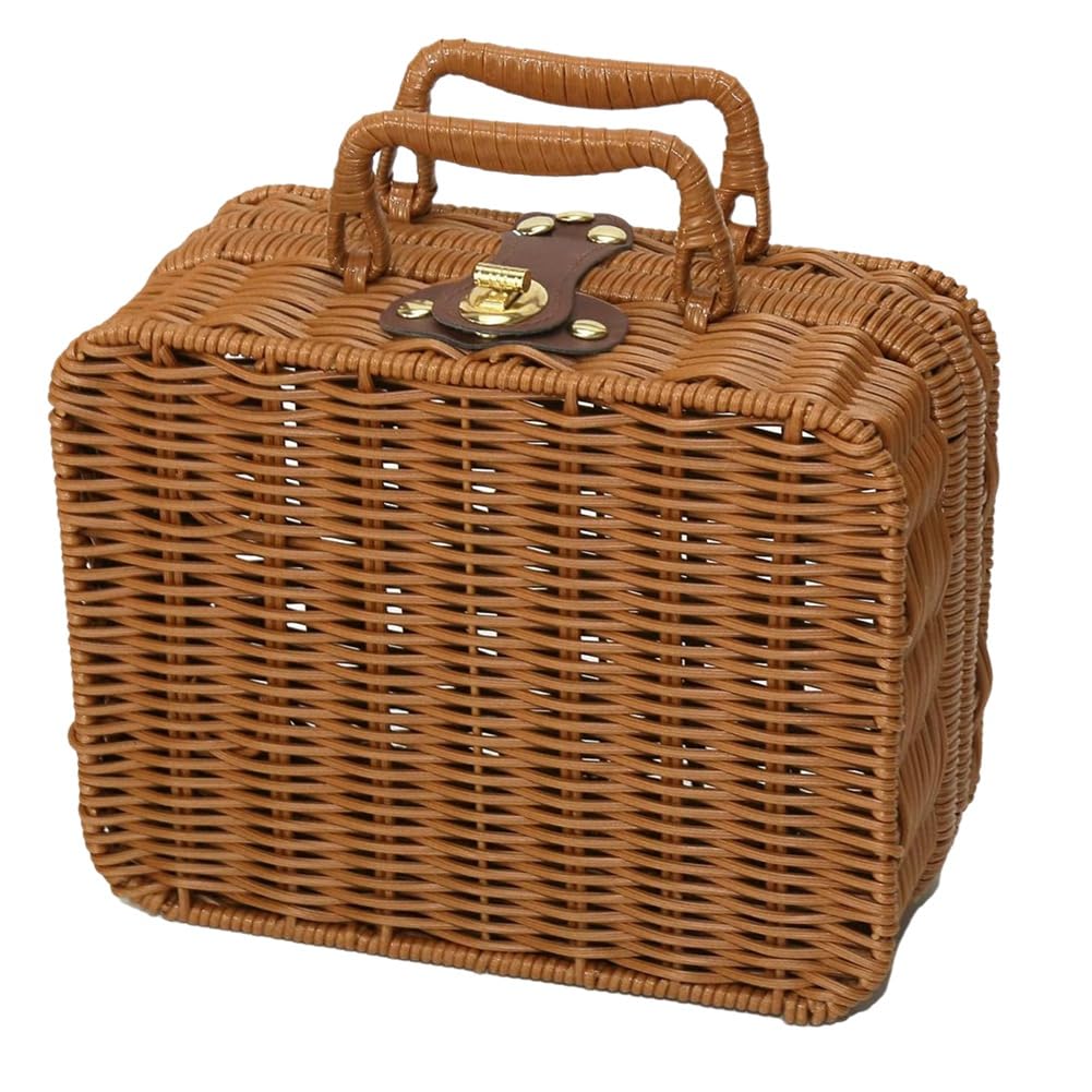UDSKNV[KSL Vintage Style Wicker Picnic Basket,Decorative Prop, Metal Lock Plastic Rattan Suitcase Storage Hamper Makeup Organizer