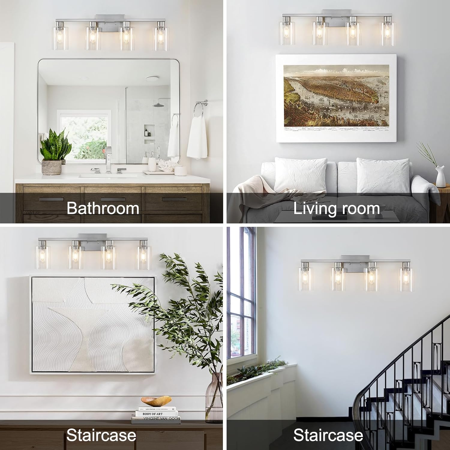 4 Light Bathroom Light Fixtures, Brushed Nickel Bathroom Vanity Light with Clear Glass Shade, Bathroom Lighting Fixtures Over Mirror, Vanity Lights for Bathroom Mirror