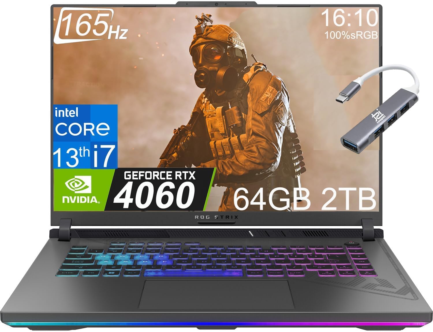 ASUSROG Strix G16 Gaming 16/inches FHD+ 165Hz (Intel 13th Gen Core i7-13650H,64GB DDR5 RAM,2TB PCIe SSD,Gece RTX 4060 8GB) RGB Backlit,Thunderbolt 4,Wi-Fi 6E,IST Cable,Win 11 Home-2023 Eclipse Gray