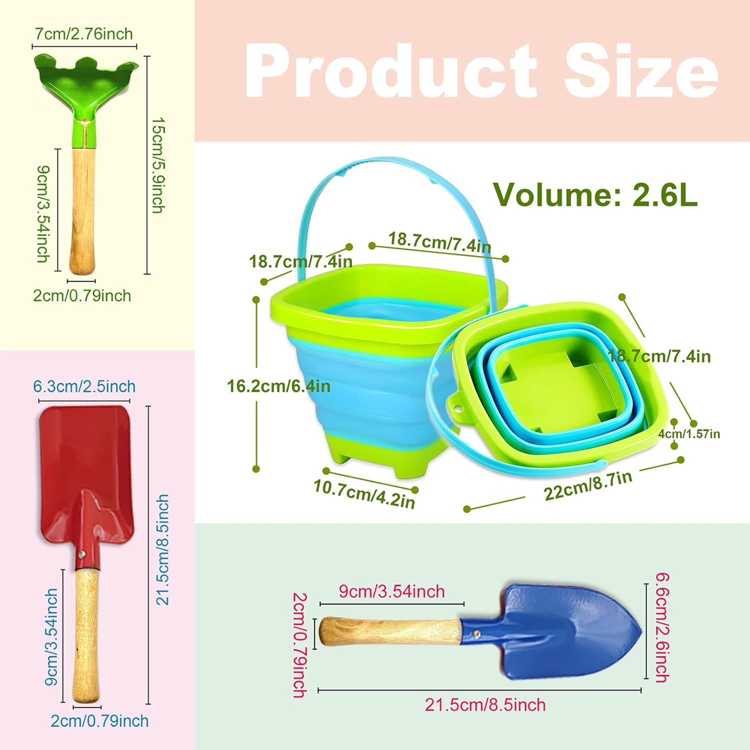 Collapsible Beach Buckets for Kids with 3pcs Metal Shovels, Collapsible Beach Toys for Kids Toddlers, Silicone Pails for Beach Travel Essentials