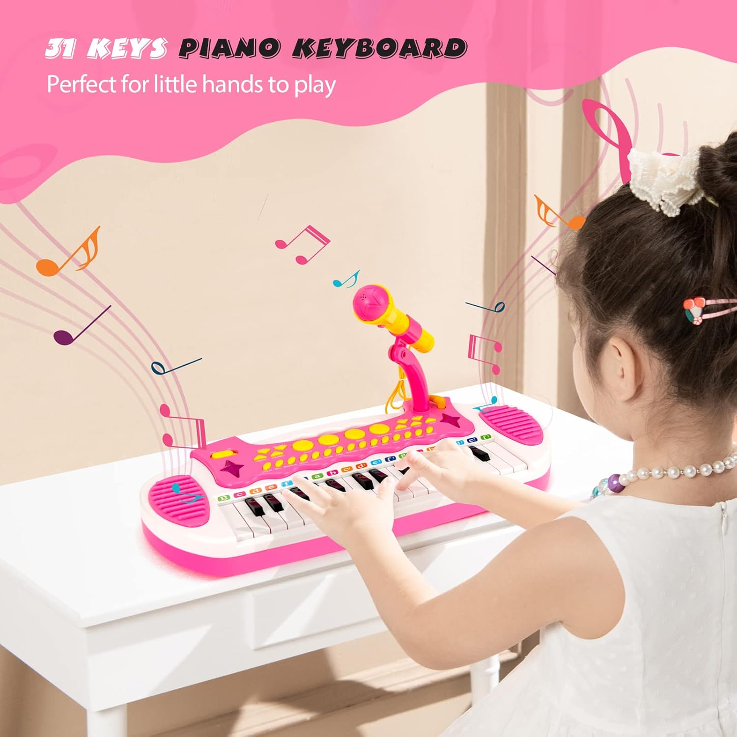 Kids Electronic Piano, 31 Keys Toddler Piano with Microphone, Stool & Lights, Musical Instruments Toy with Multiple Sounds, Christmas Birthday Gifts for Ages 3+ Boys / Girls, Pink