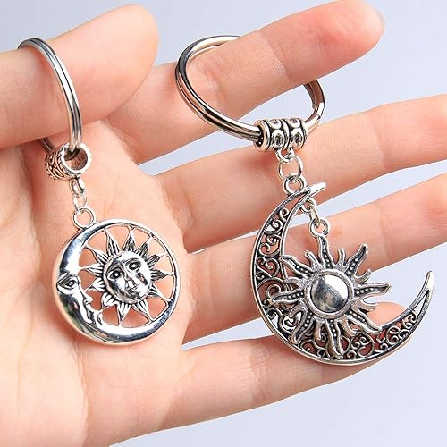 Miniatura 9 de Acxico Llavero con dije de luna, sol y luna creciente, llavero vintage para mujeres y hombres, 2 unidades, plateado