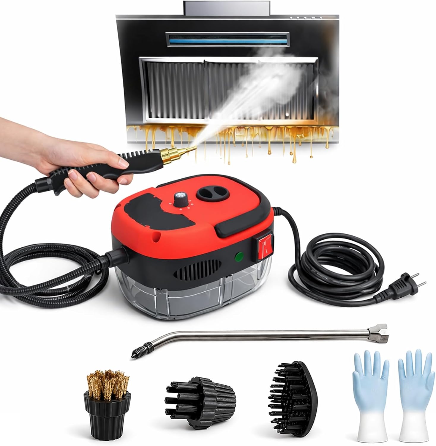 2500w Handheld High-Temperature Pressurized Steam Cleaner, 6-Level High Pressure Steam with Various Nozzle Attachments, 1L Water Tank for Grout Tile Kitchen Grease Car Detailing Engine (Red)