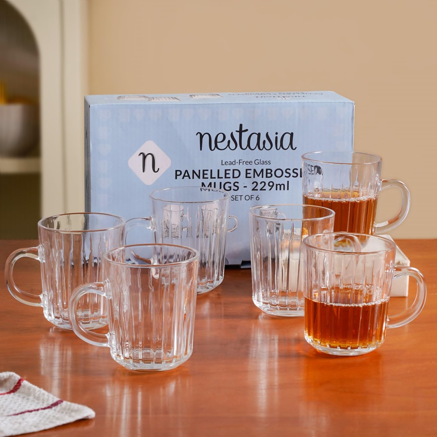 Nestasia Set of 6 Transparent Glass Tea Cups (230ml Each) - Ribbed Durable & Chip-Resistant Coffee Mugs | Perfect for Coffee, Tea, Hot & Cold Beverages