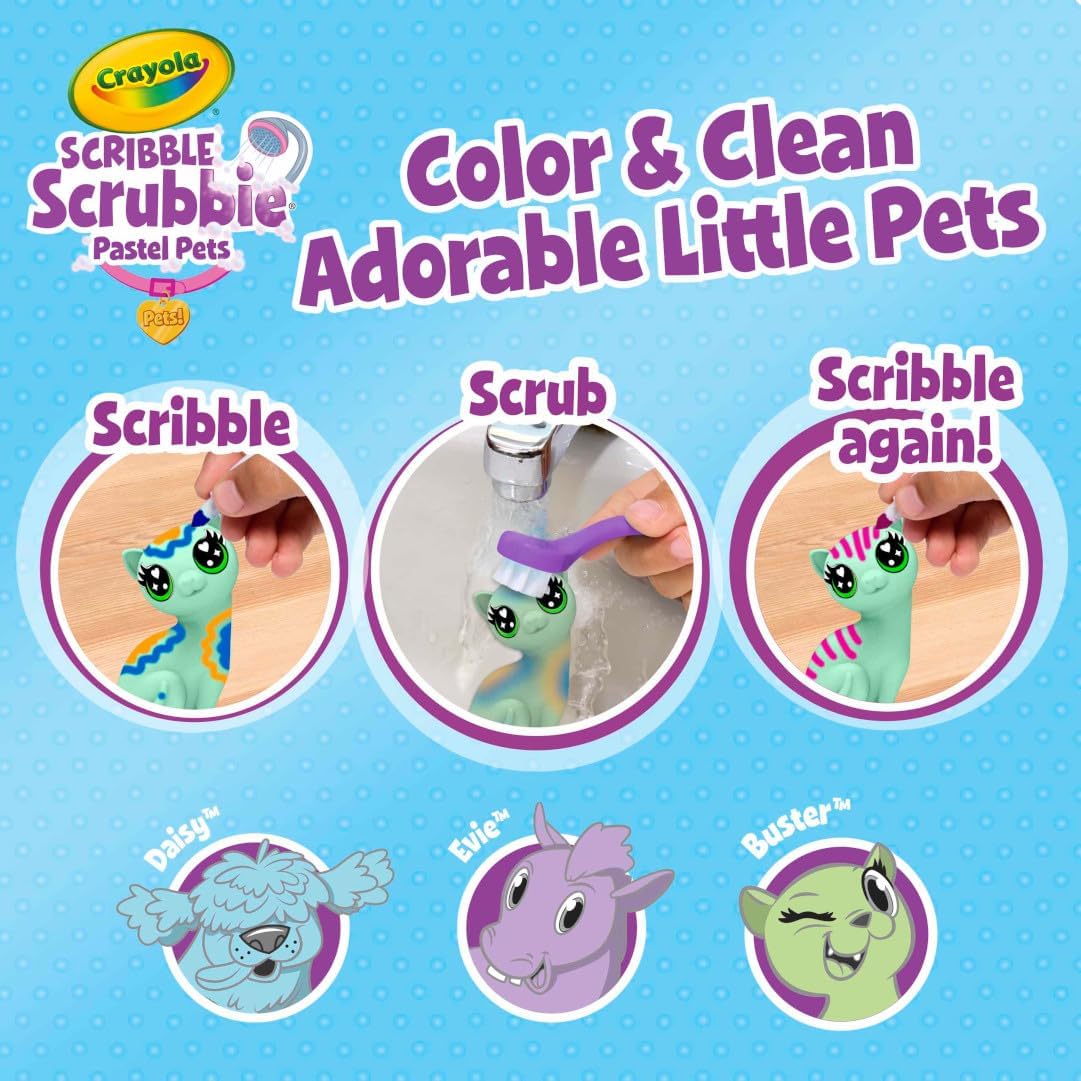 Crayola Scribble Scrubbie Pastel Pets (3ct), Grooming Animal Toy for Kids, Washable Animal Figurine, Kids Gift, Toys for Girls & Boys, 3+