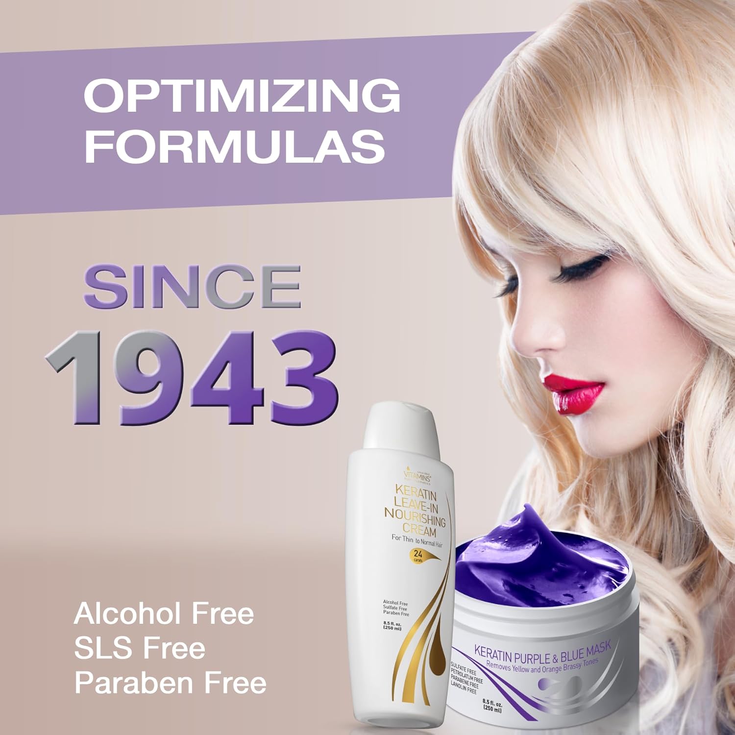 VITAMINS hair cosmetics Keratin Thin Hair Leave-In Conditioner & Purple Blue Hair Mask Kit - Hydrating No Rinse Cream & Anti-Brass Conditioner for Bleached Blonde Platinum Silver Gray Dry Damaged Hair