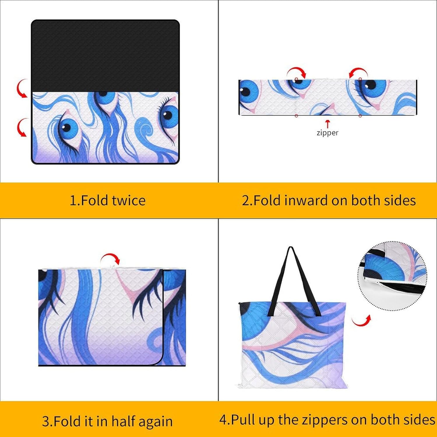 Funny Blue Eyes Picnic Blanket 200x200cm, Foldable 2-in-1 Picnic Mat and Tote Bag Portable Waterproof Beach Mat Sandproof Outdoor Blanket for Park, Hiking, Beach, Camping, Travel