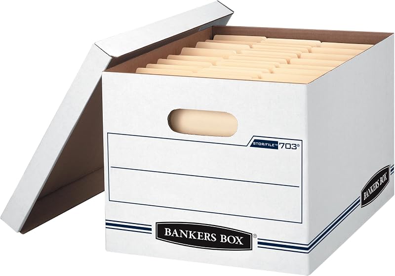 Paquete de 4 cajas de almacenamiento de archivos de uso básico con tapa, carta/oficio | Domine el papeleo cotidiano con cajas para archivos asequibles, tapas extraíbles y asas reforzadas para un almacenamiento sencillo de registros.