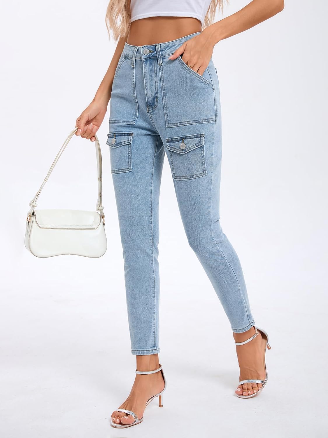 Women Stretchy Skinny Jeans Butt Lifting High Waisted Slim Fit Cargo Denim Pants with Flap Pockets - Image 4