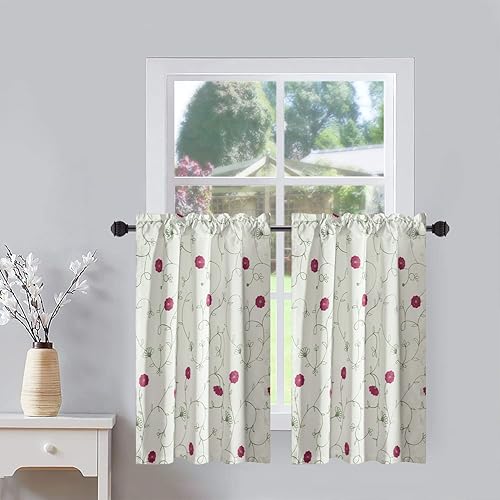 VOGOL - Cenefa de cocina bordada con diseño floral para ventanas, cenefas de lino para sala de estar, cenefas de bolsillo para ventanas pequeñas,
