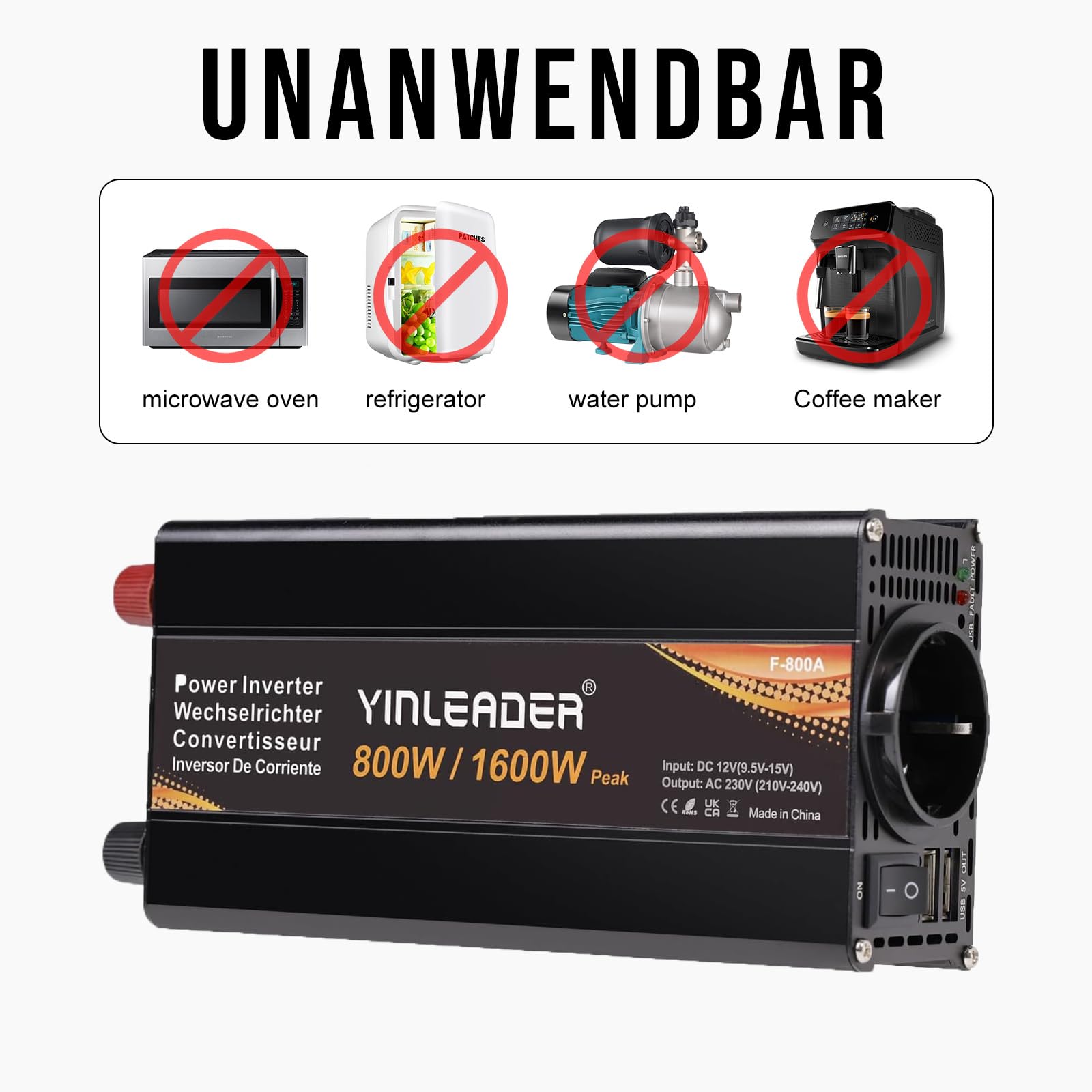 Yinleader Inverter di Potenza 12V 230V, 800W Continuo/1600W Picco, Convertitore CC-CA con Display LCD, 2 USB e Protezioni Completa per Auto Camper Pannello Solare