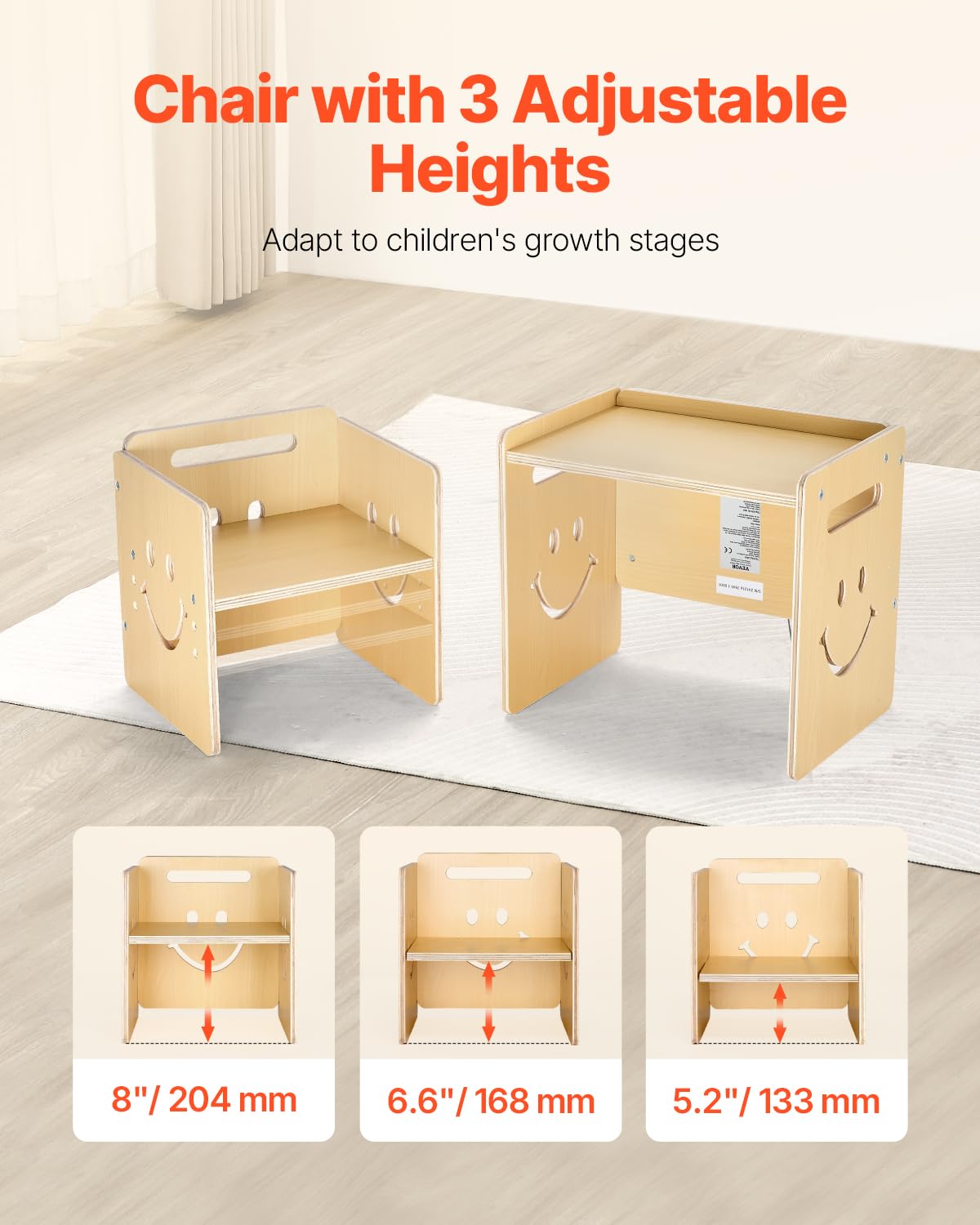 VEVOR Set Tavolo e Sedia per Svezzamento in Legno per Bambini 424 x 300 x 385 mm, Sgabello Regolabile 345 mm