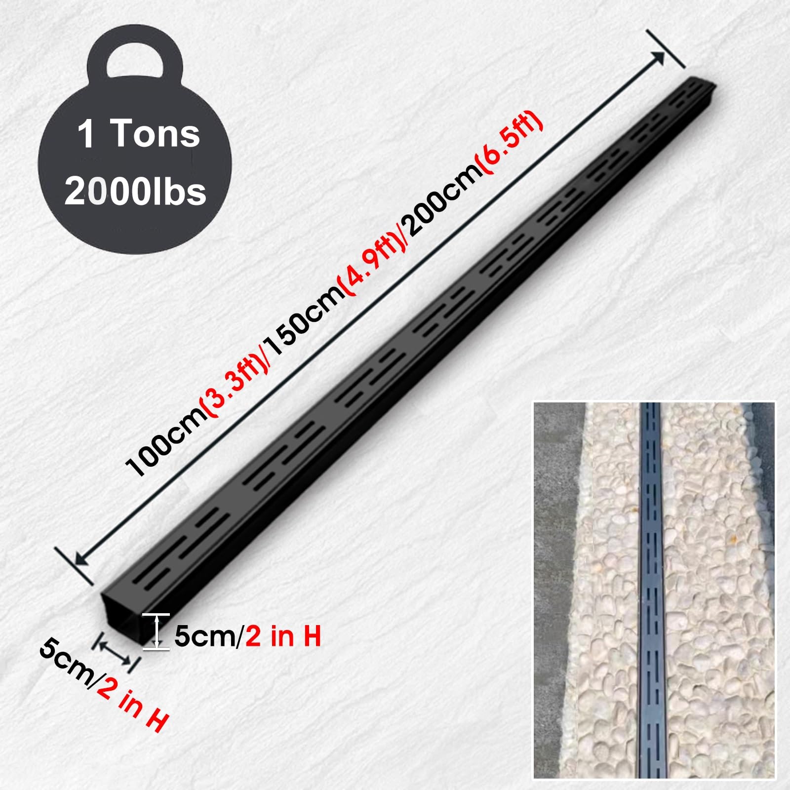 Francuski zestaw odpływowy premium – 5 cm mini rynna kanałowa do zewnętrznego patio i podwórka 304 osłona rusztu ze stali nierdzewnej (czarna 1 m / 3.3ft) - skuteczne rozwiązanie do drenażu