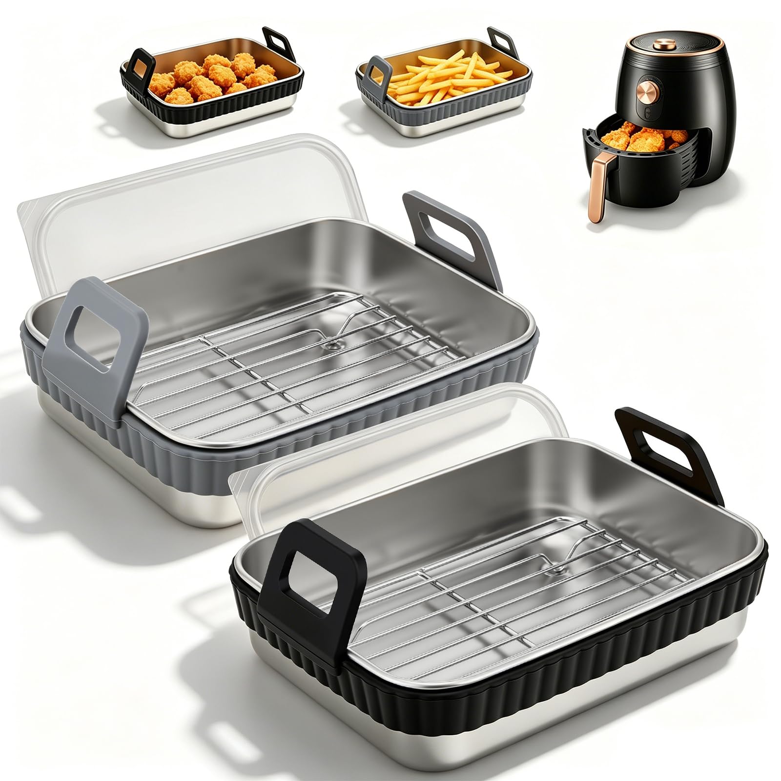 2 Plats Pour Air Fryer En Acier Inoxydable, Compatibles avec Heißluftfritteuse AF400EU/AF500EU/AF451EU/DZ400EU, Plat Four Avec Couvercle Et Poignées Amovibles, Accessoire pour Airfryer, Sans BPA