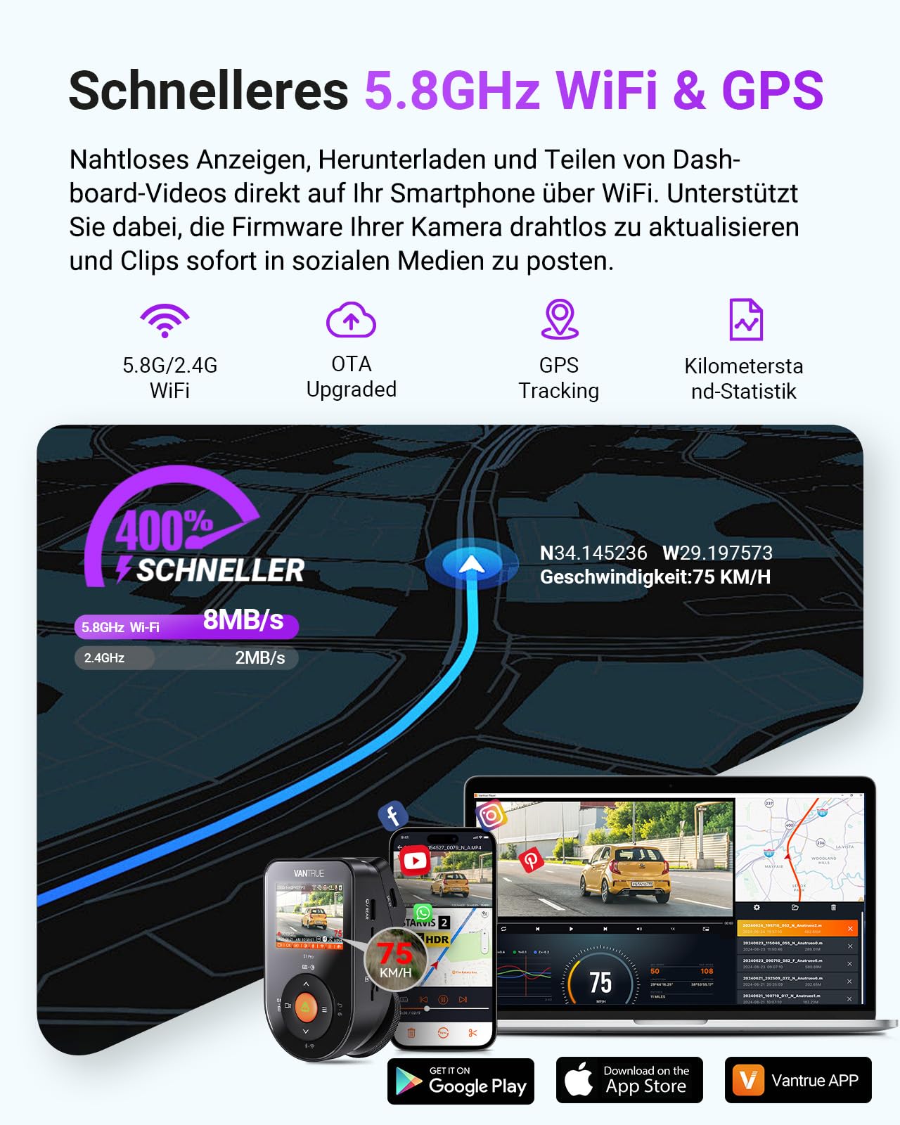 VANTRUE S1 PRO MAX 4K+4K Dashcam Auto Dual STARVIS 2 IMX678 HDR Nachtsicht Dash Cam Vorne Hinten, 5,8GHz WLAN GPS, 15S Puffer Parkmodus, DSGVO-konform, AI Auto Kamera ADAS BSD, Sprachbefehl, 1TB Max