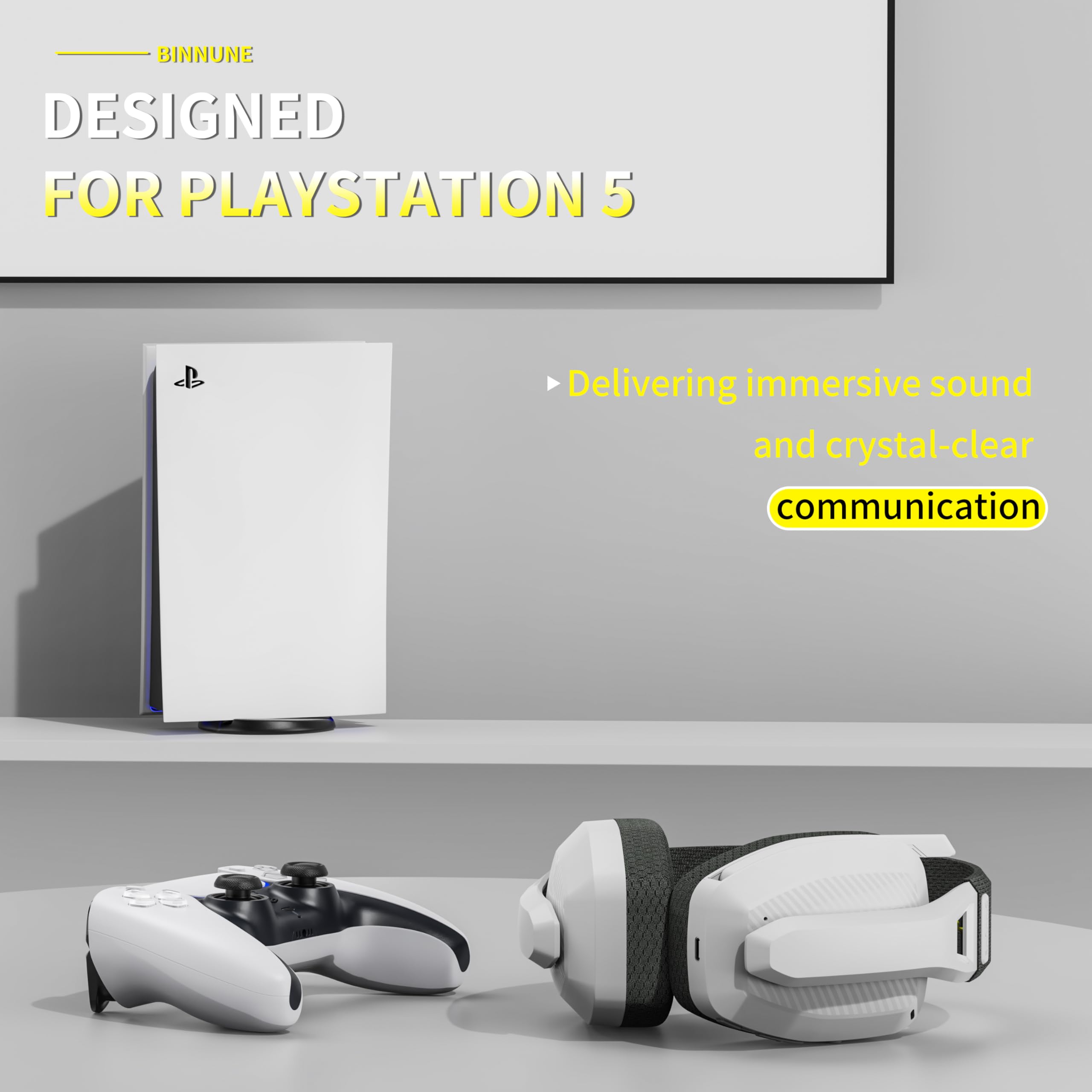 BINNUNE Cascos Gaming inalambricos con Micrófono para Playstation 4 5 PS4 PS5 PC, Auriculares Gaming inalambricos Bluetooth con ENC Micro, Batería de 48 Horas, LE Audio- Blanco