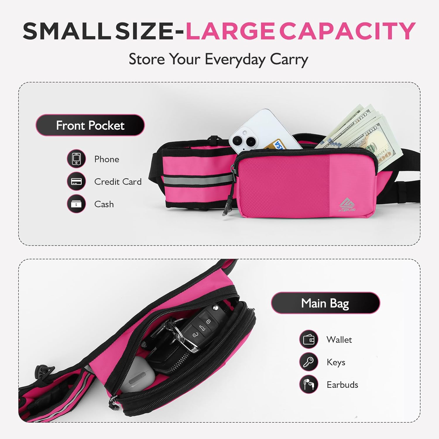 Fanny Pack for Women Men with Water Bottle Holder,Waist Bag for Hiking,Travel,Running,Dog Walking,Workout,Cycling (Pink) - Image 3