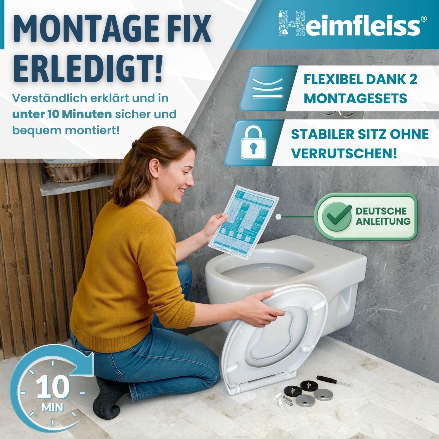 Heimfleiss® Toilettendeckel mit Kindersitz inkl. KINDERSICHERUNG | Antibakterieller Duroplast Klodeckel mit Kindereinsatz | Familien Toilettensitz mit Absenkautomatik | Kinder Klobrille mit Kindersitz