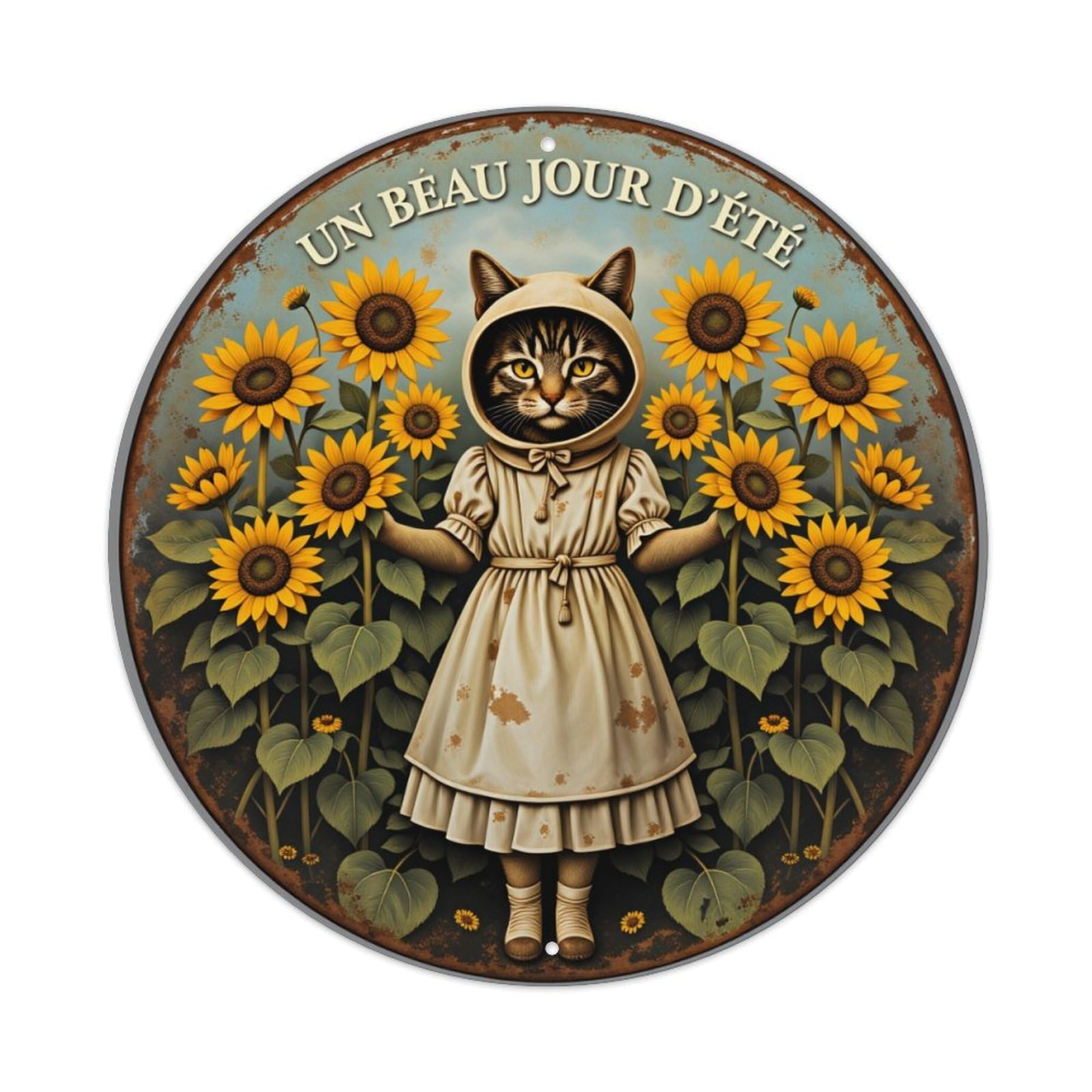 Cat In Sunflower Field Dress Round Tin Sign Vintage Style Metal Sign Home Bar Garden Wall Plaque Decor Metal Poster 8x8 Inch