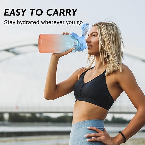 Miniatura 8 de Botella de agua deportiva de 64 onzas con infusor de frutas, botella de agua motivacional 2 en 1 con popote y marcador de tiempo, jarra de agua