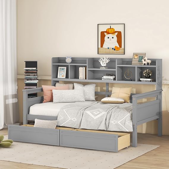 Twin Size Daybed, Wood Daybed Frame with Bedside Storage Shelf and 2 Drawers, No Box Spring Needed (Grey-at)