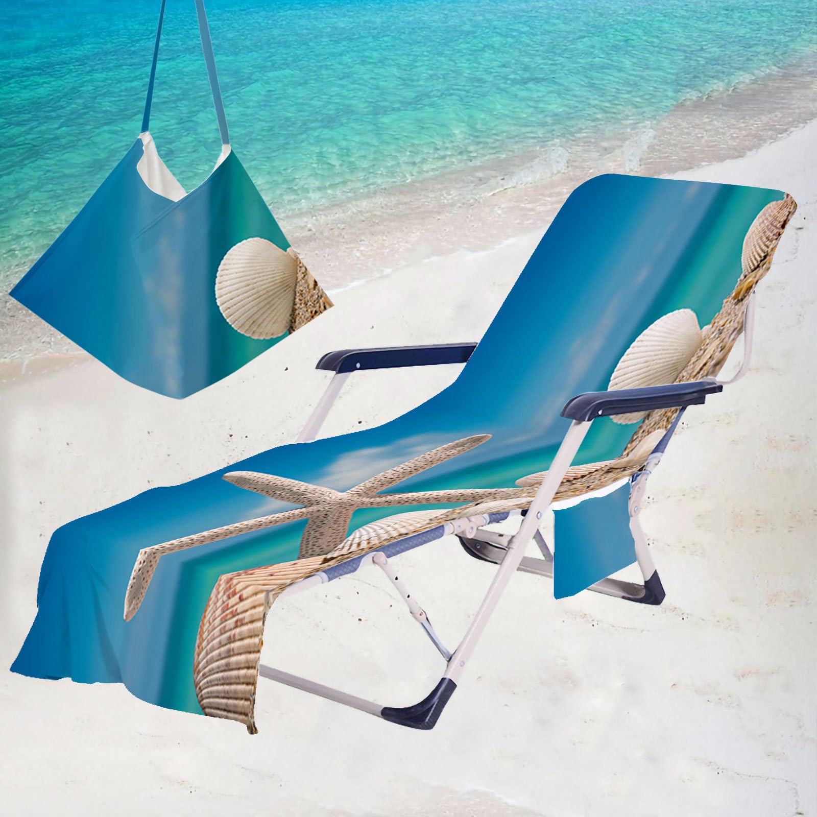 Treer Beach Chair Cover Towel, Beach Scenery Beach Towel, Portable Beach Sunbed Towels, Sun Lounger Towels with Pockets, Microfiber Towel for Beach Garden Vacation Outdoor (75x210cm,starfish 2)