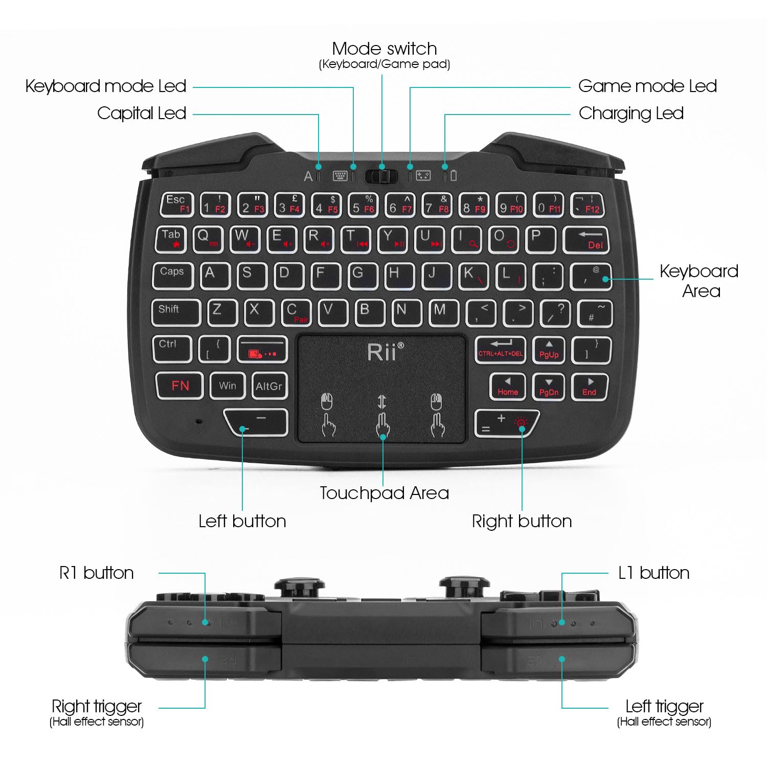 Rii RK707 Mini tastiera e mouse Combo con trackpad, tastiera multimediale mouse con controller di gioco, vibrazione turbo retroilluminata ricaricabile a 62 tasti per PC/Raspberry Pi2/Android TV